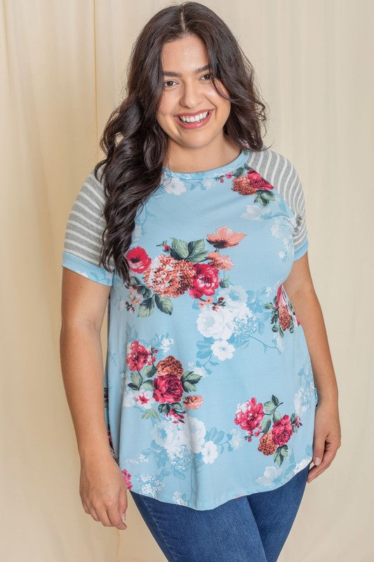 Plus stripe sleeve floral top/tunic