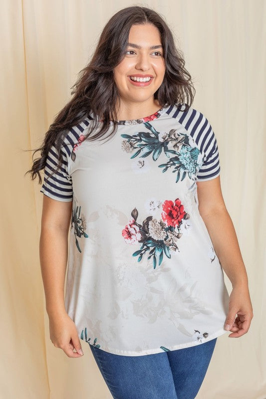 Plus stripe sleeve floral top/tunic