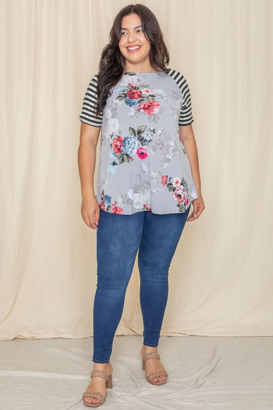 Plus stripe sleeve floral top/tunic