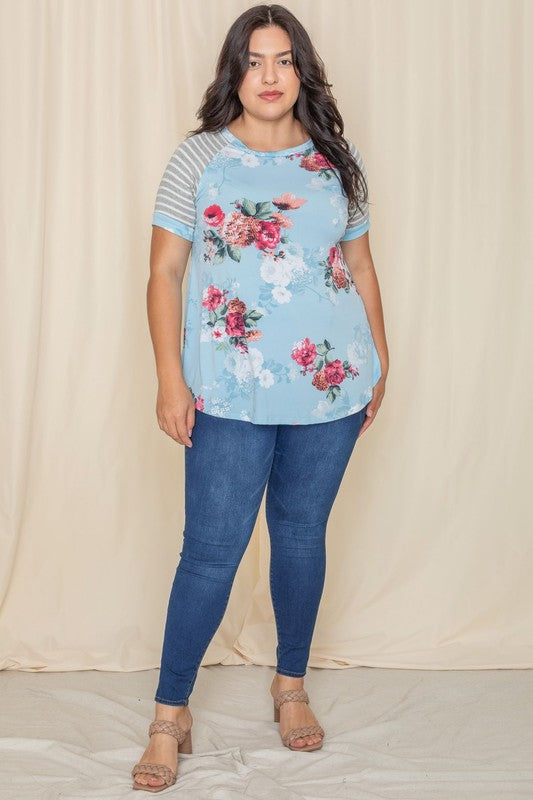 Plus stripe sleeve floral top/tunic