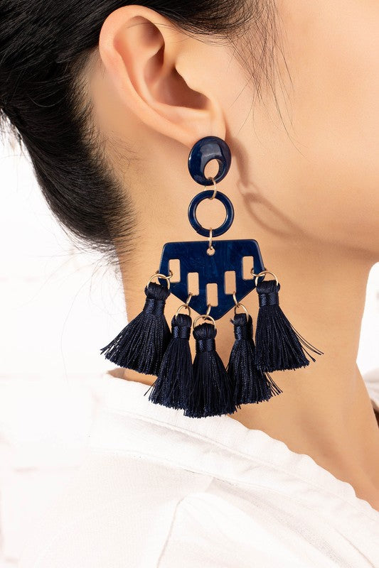 Statement geo shape tassel earrings