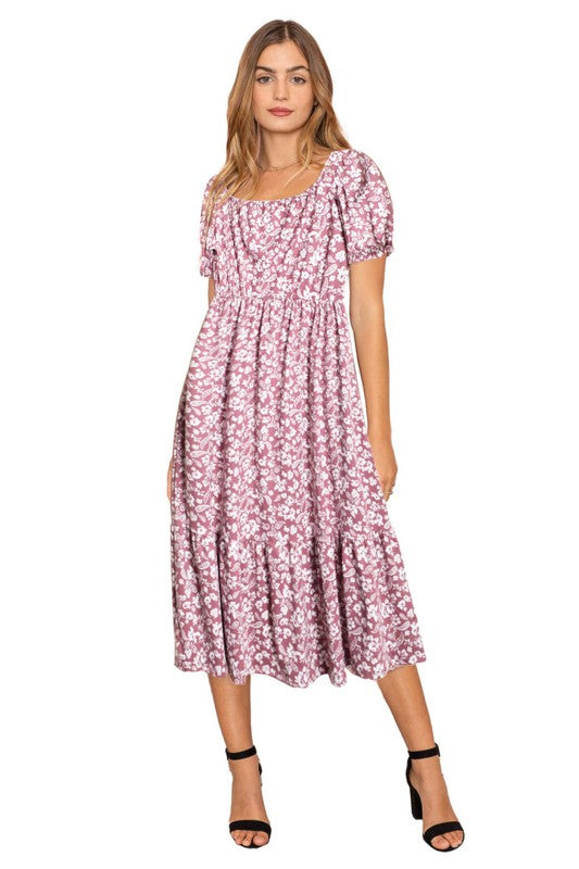 Paisley Floral Square Neck Puff Sleeve Boho Dress