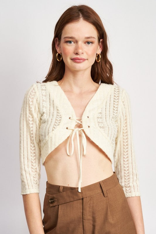 LACE KNIT CROPPED TOP WITH EYELET DETAIL