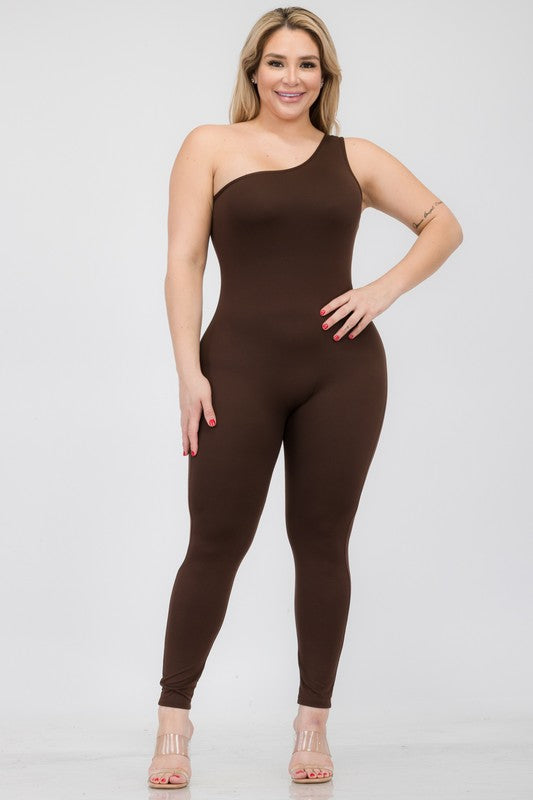 Plus Size Solid Color One Shoulder Jumpsuit