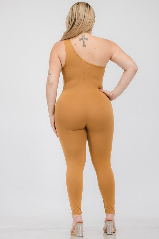 Plus Size Solid Color One Shoulder Jumpsuit