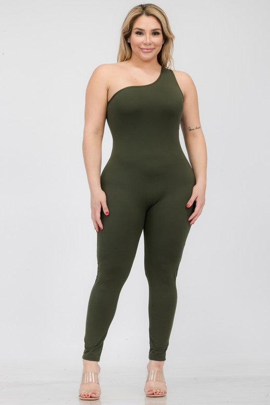 Plus Size Solid Color One Shoulder Jumpsuit