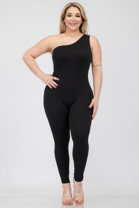 Plus Size Solid Color One Shoulder Jumpsuit