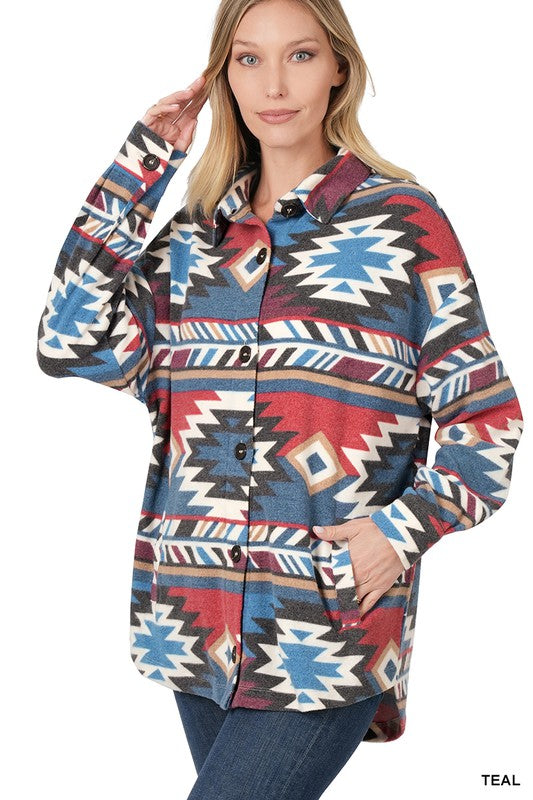 Brushed Aztec Oversized Shacket With Pockets