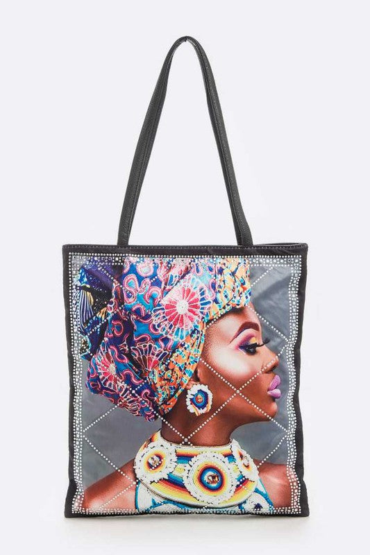 Crystal Pave Flower Turban Girl Printed Tote Bag