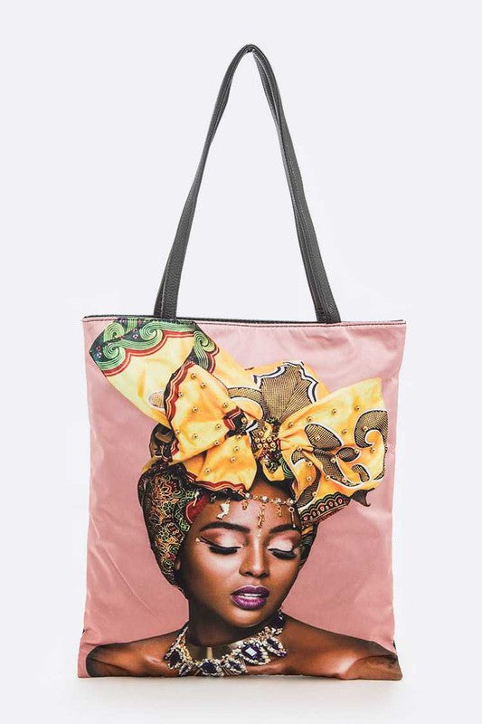 Bow Turban Girl Large Embellished Tote Bag