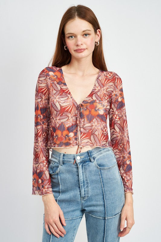 FLORAL MESH TOP WITH FRONT TIE