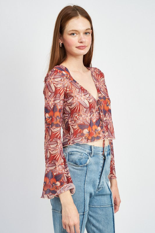 FLORAL MESH TOP WITH FRONT TIE
