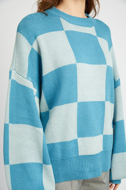 CHECKERED SWEATER WITH BUBBLE SLEEVES