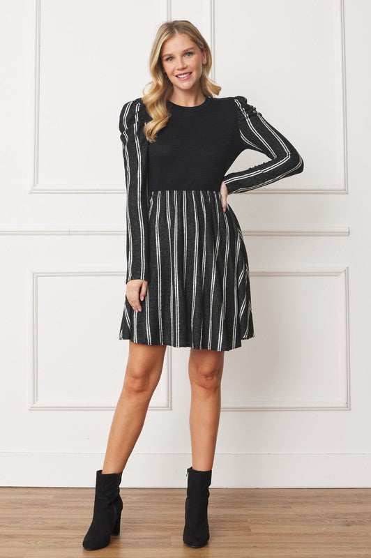 Plus Pinstripe Puff Shoulder Flare Dress