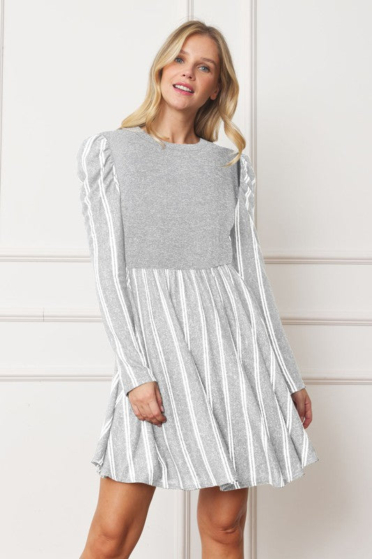 Plus Pinstripe Puff Shoulder Flare Dress