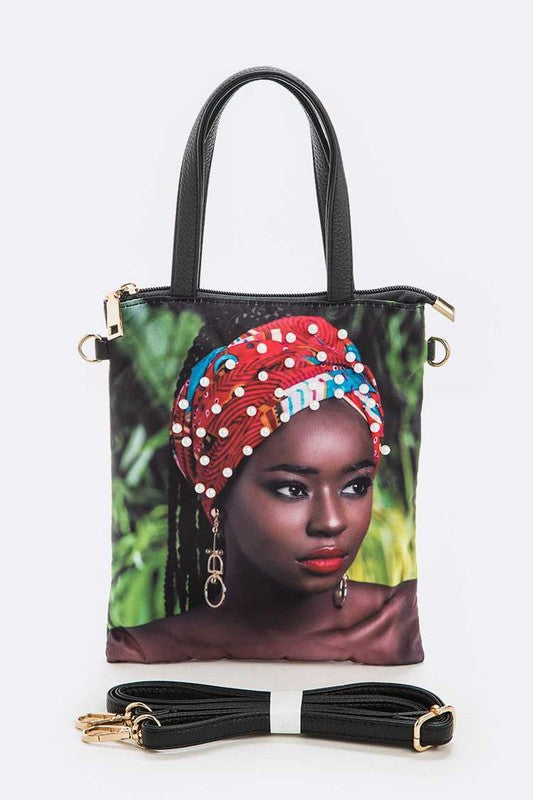 Pearl Accent Turban Girl Printed Top Handle Bag