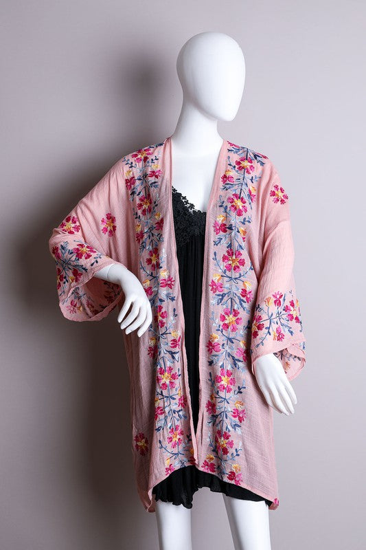 Pink Anemone Garland Embroidered Kimono