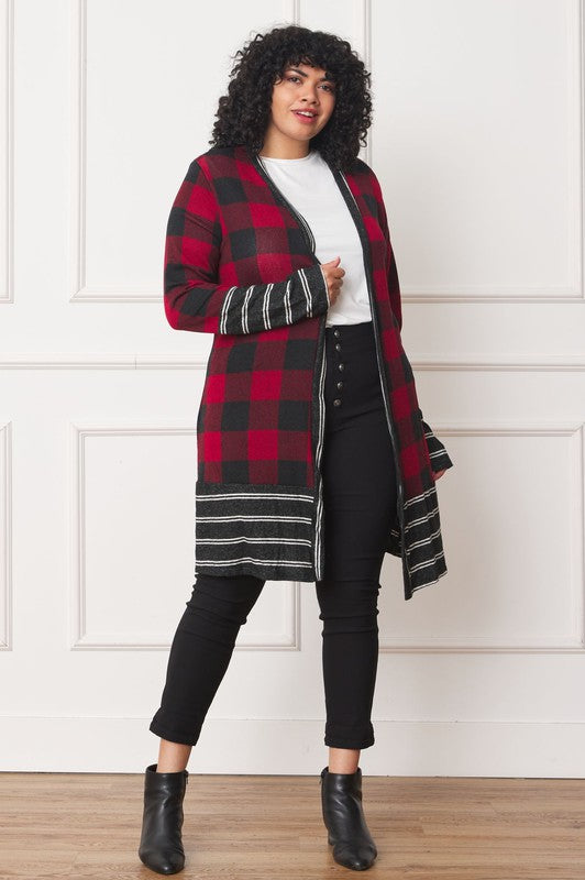 Long Buffalo Plaid Stripe Trim Open Cardigan