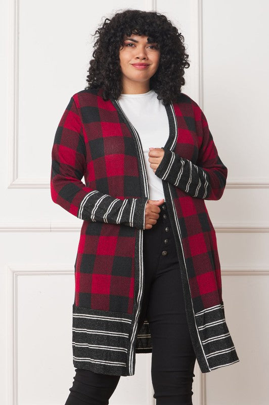 Long Buffalo Plaid Stripe Trim Open Cardigan