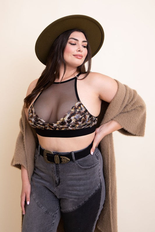 Plus Size Mesh Print High Neck Bralette