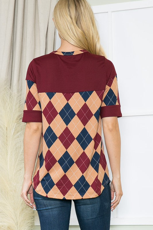 Argyle Print Button Front Jersey Top