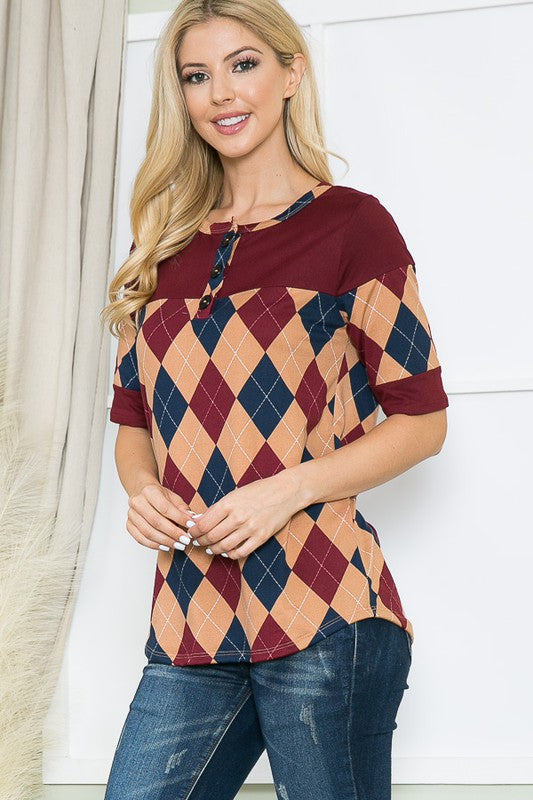 Argyle Print Button Front Jersey Top