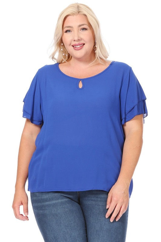 Plus size, short flutter sleeve keyhole blouse.