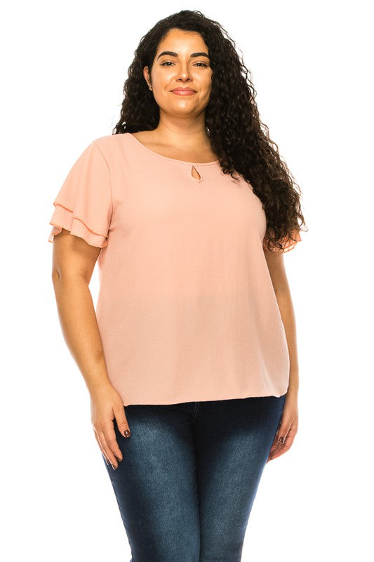 Plus size, short flutter sleeve keyhole blouse.