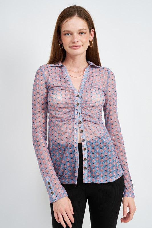 LONG SLEEVE BUTTON FRONT MESH TOP