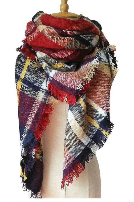 Mix Color Plaid Raw Edge Blanket Scarf