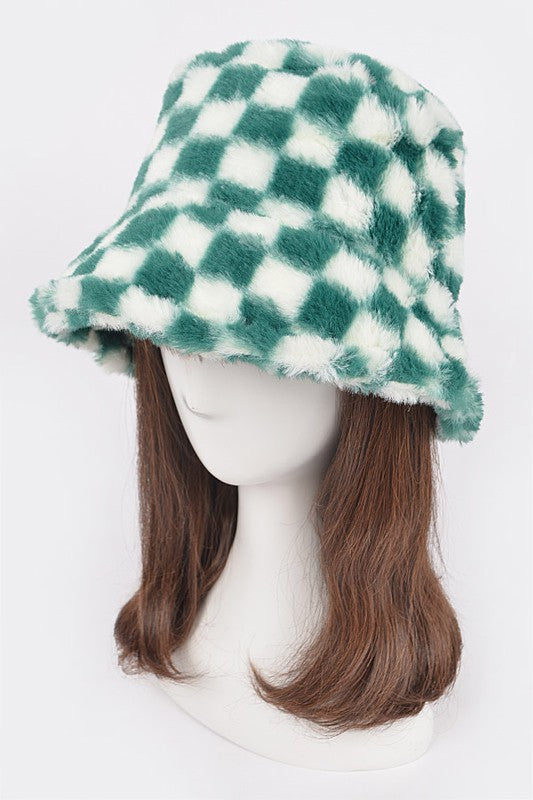 Checker Print Faux Fur Bucket Hat