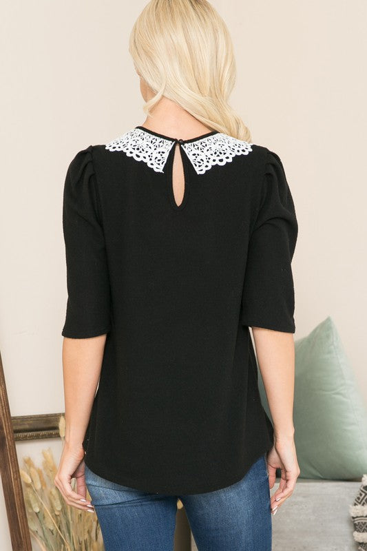 Collared  Puff Sleeve Knit Top