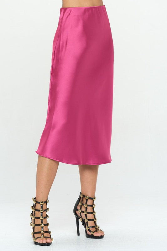 Solid Stretch Satin Midi Skirt