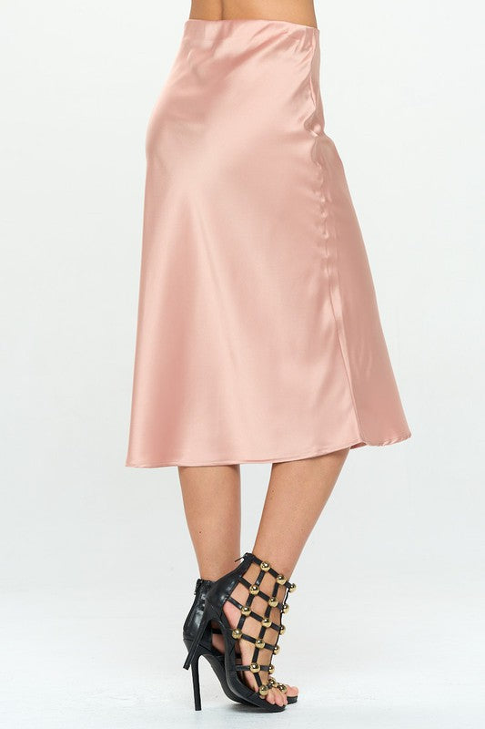 Made in USA Solid Stretch Satin Midi Skirt