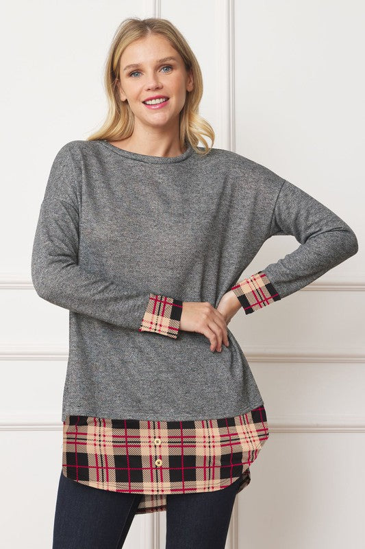 Terry Mock Layered Tunic With Button Accent