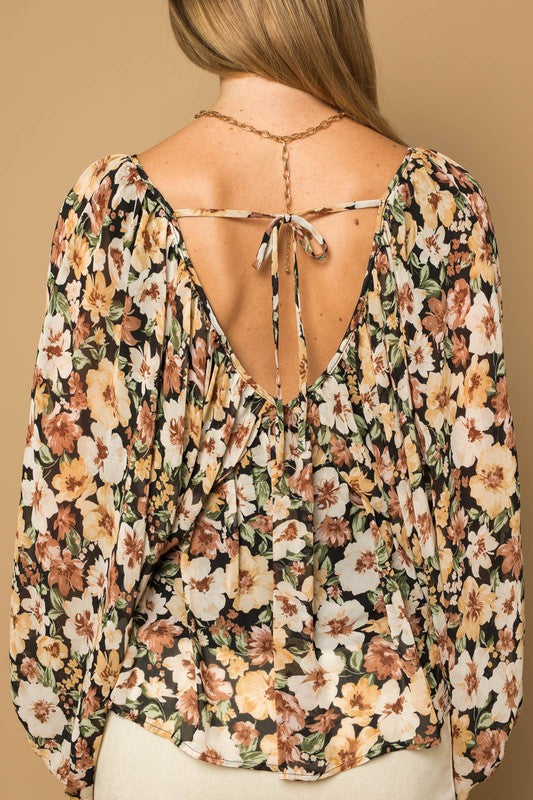L/S V-Neck Shirring Floral Print Top