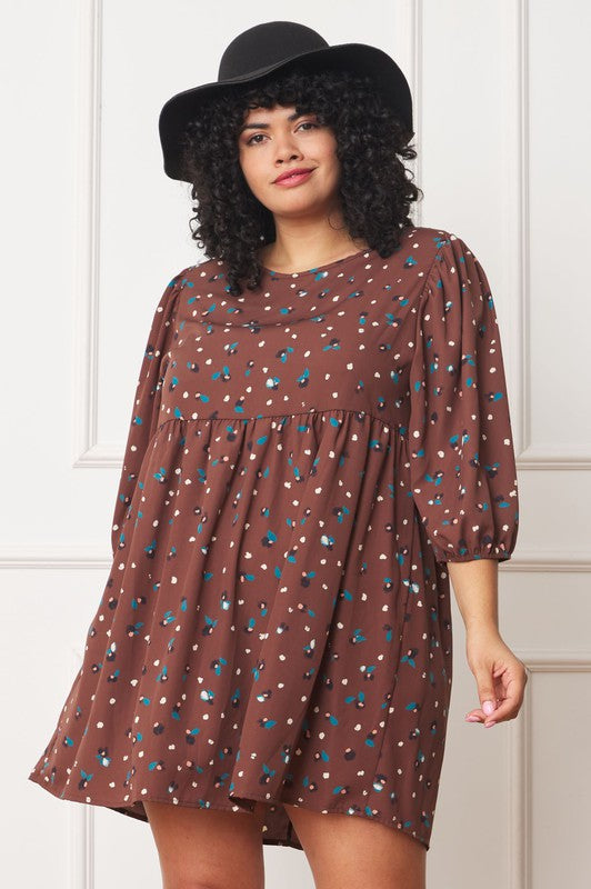 Plus Abstract Polka Dot Bishop Sleeve Mini Dress