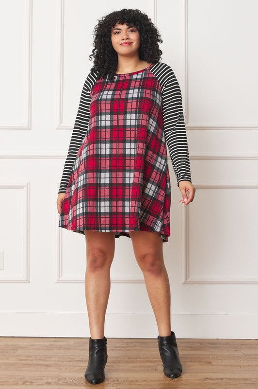 Plus Stripe Sleeve A- Line Mini Dress