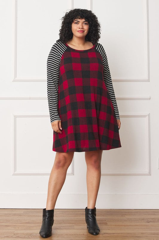 Plus Stripe Sleeve A- Line Mini Dress