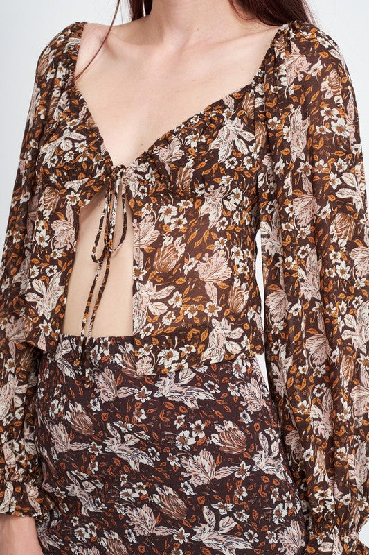 FLORAL SHEER TOP WITH FRONT TIE