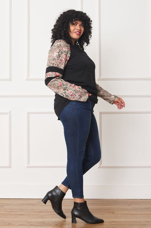 Plus Floral Color Block Sleeve Tunic