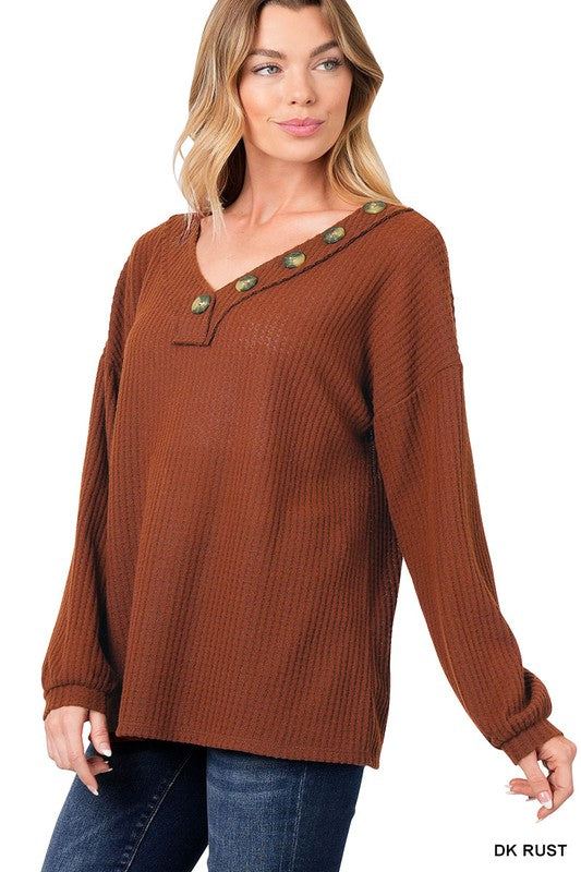 Brushed Waffle V-Neck Button Detail Sweater