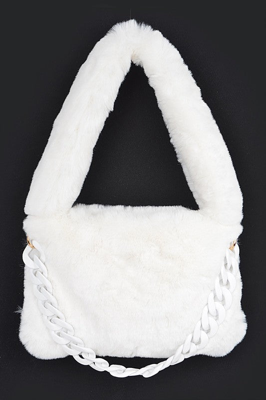 Faux Fur Chain Accent Shoulder Bag