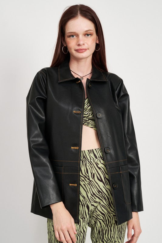 BUTTON UP LEATHER JACKET WITH CONTRAST STITCHING