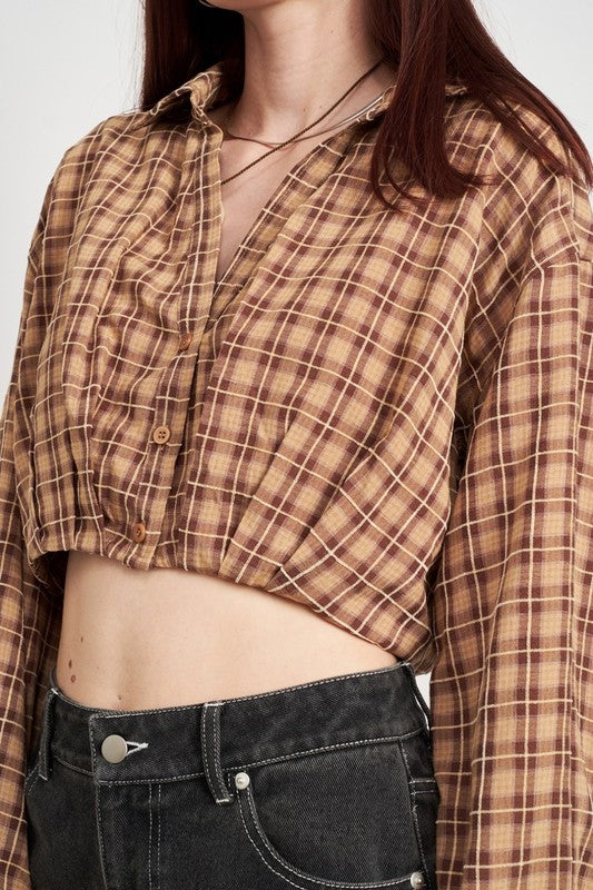 CROPPED BUTTON UP SHIRT WITH ELASTIC WAISTBAND