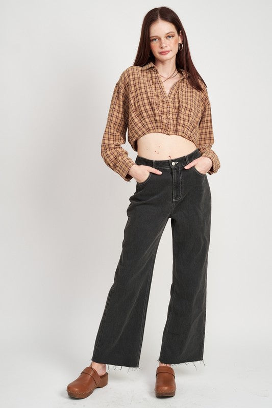 CROPPED BUTTON UP SHIRT WITH ELASTIC WAISTBAND