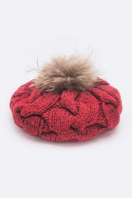 Large Fur Pom Cable Knit Beret Beanie