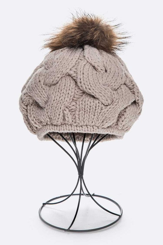 Large Fur Pom Cable Knit Beret Beanie