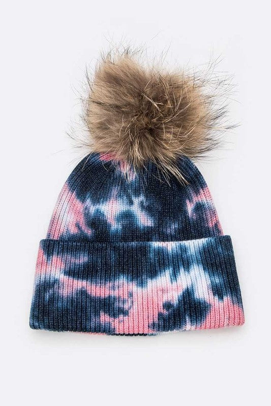 Tie Dyed Natural Raccoon Fur Pom Beanie