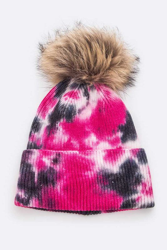 Tie Dyed Natural Raccoon Fur Pom Beanie